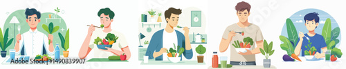 vector of a young man eating bread