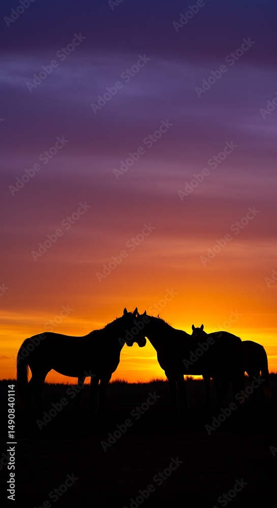 Fototapeta premium Sunset Silhouettes: Equine Embrace