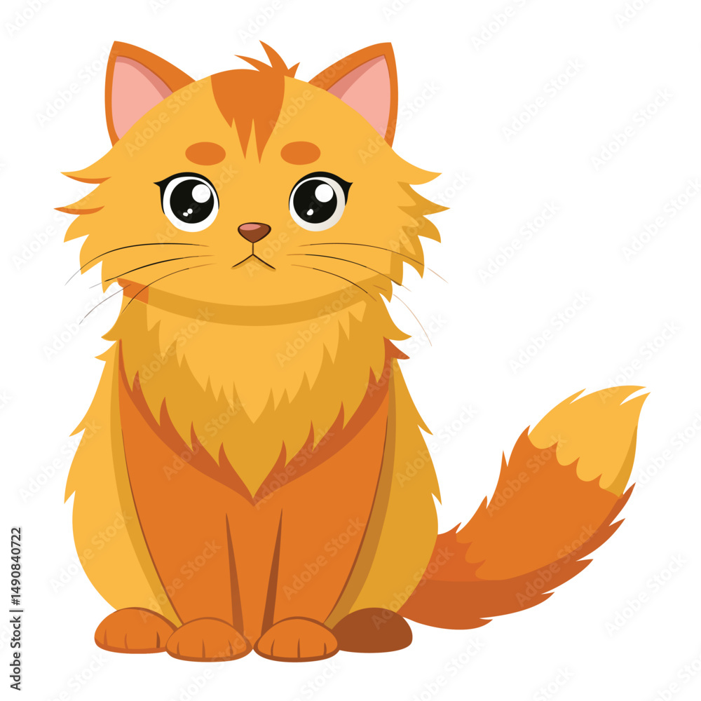Fototapeta premium A fluffy golden tabby cat with a flat face and grumpy expression is sitting upright on white background