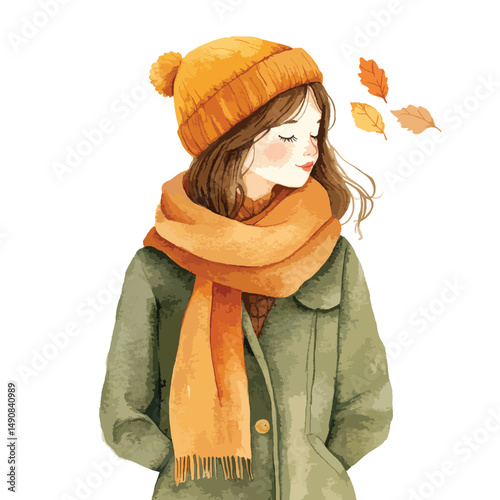 Autumnal Serenity A Girl in Warm Clothing with Falling Leaves