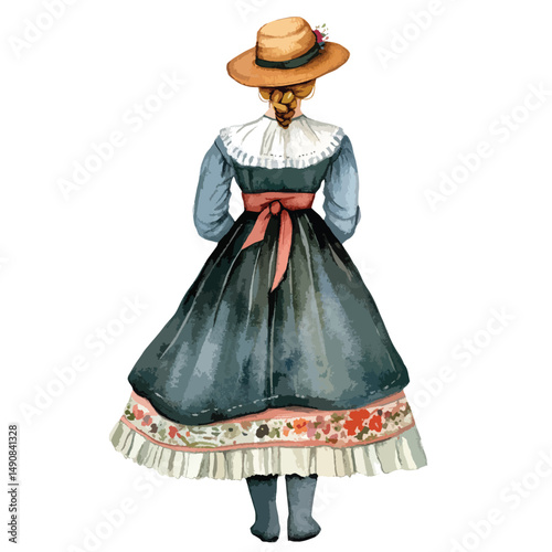 Back view of a woman in a vintage dress and straw hat