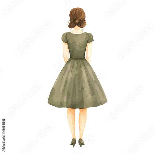 Back View of a Woman in Olive Dress with Brown Hair Bun