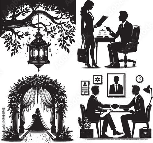 Black and white silhouette image showcasing various scenes and symbolic elements