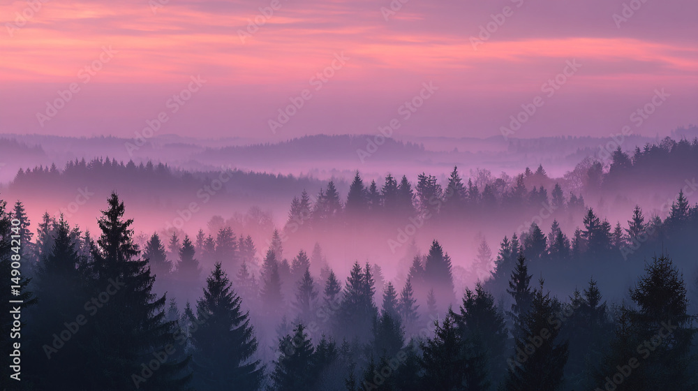 Fototapeta premium A view of a forest covered in mist at sunset with a pink and purple sky in the background landscape
