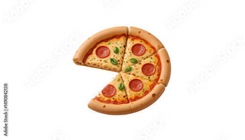 A deliciously rendered pizza with one slice removed, featuring a golden crust, melted cheese, savory pepperoni slices, and fresh green basil, perfect for food-related icons and designs. photo