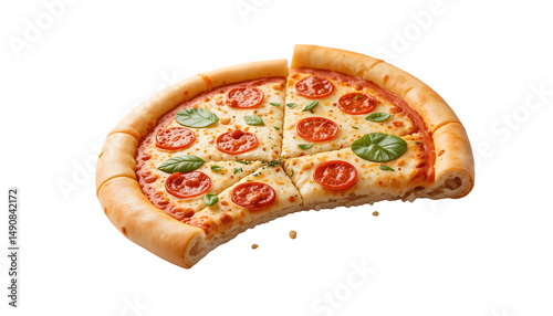 A mouth-watering half-circle pizza with a thick, cheesy crust, topped with vibrant red tomatoes, fresh green basil, and golden melted mozzarella cheese, isolated on a white background. photo