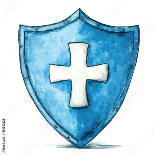 Blue shield with white cross riveted border watercolor style illustration