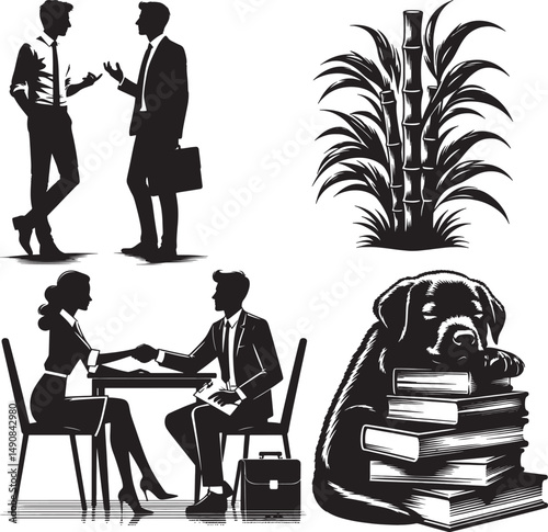 Black and white vector illustration of business people, bamboo, and sleeping dog
