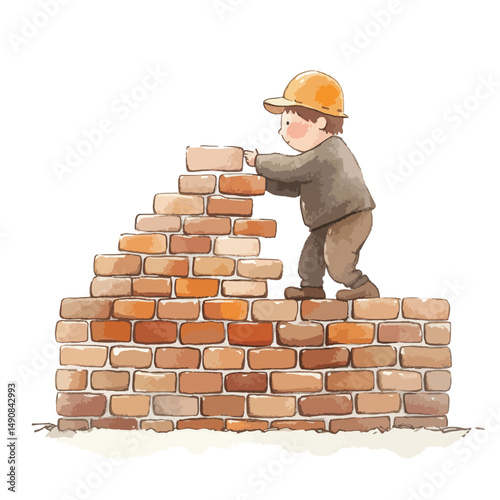 Cartoon Boy in Hard Hat Building Brick Wall Watercolor Style Illustration
