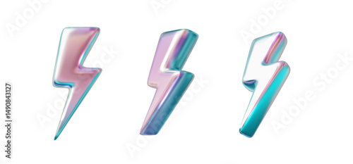 3D lightning icon with chrome holographic effect PNG. Electric thunderbolt symbol of energy, power, and speed. Futuristic glossy gradient.