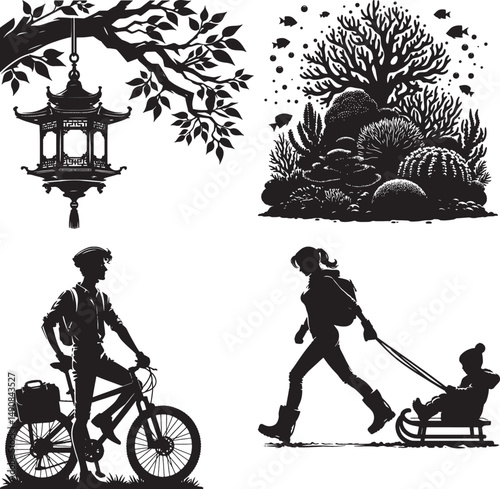 A compilation of black and white illustrations featuring nature and people silhouettes