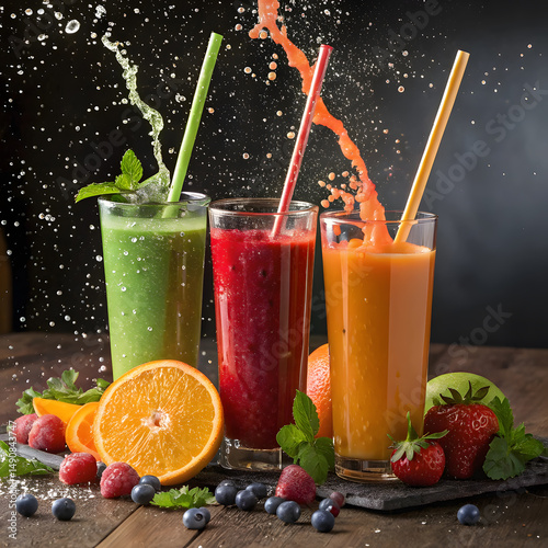 3 different color juice splash in glasses with straw