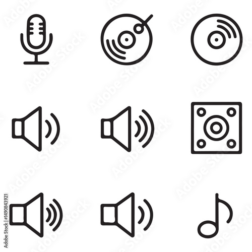  Line art icons of a microphone and sound levels, perfect for audio, podcast, and media-related designs or projects.