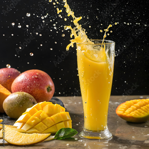 Fresh Mango juice splash in glass and some mangoes around the glass