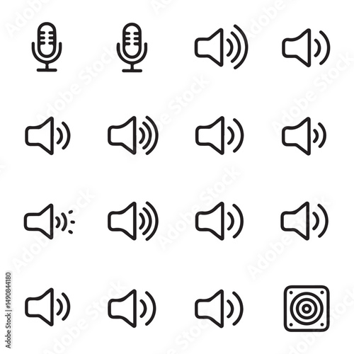  Line art icons of a microphone and sound levels, perfect for audio, podcast, and media-related designs or projects.