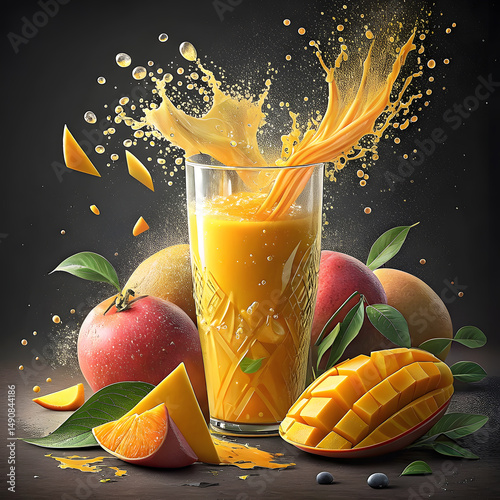 Fresh Mango juice splash in glass and some mangoes around the glass