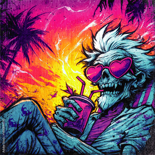 Colorful Vector Illustration of Cool Skeleton Wearing Heart Sunglasses Relaxing with Tropical Drink at Sunset Beach Party with Palm Trees and Vibrant Background Colors