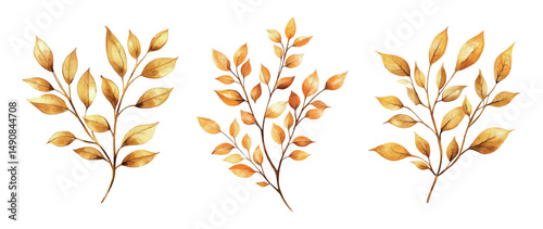 Watercolor set of golden branches png. Golden plant branches with golden leaves. Minimalistic flora elements for invitations, wedding designs, etc. Watercolor botany.