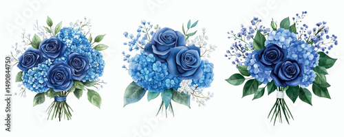 Bouquet of flowers in white and blue tones. Watercolor set of bouquets of dark blue roses, blue hydrangea and white gypsophila and green leaves. Concept of watercolor luxury bouquets. 