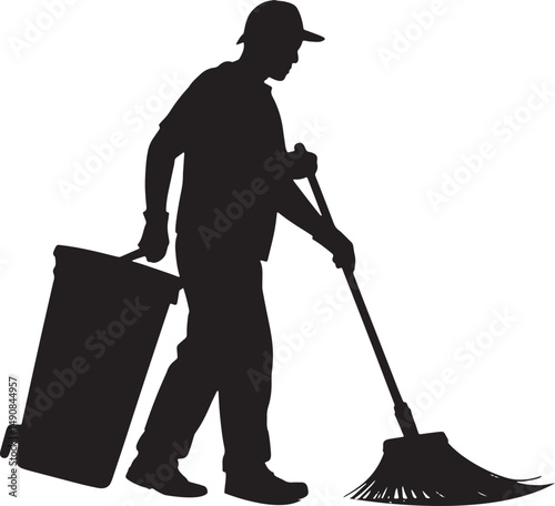 Street Cleaner Silhouette with Broom and Trash Can Black and White Illustration