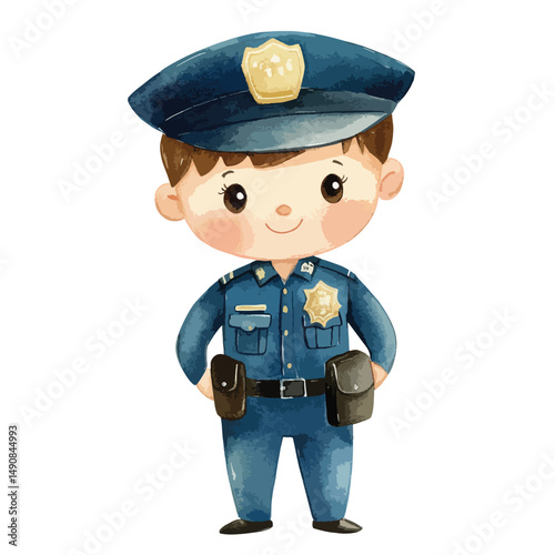 Cartoon Policeman with Dark Blue Uniform and Gold Badge Illustration