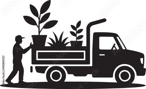 Silhouette of Gardener Loading Potted Plants onto Truck in Garden Landscape