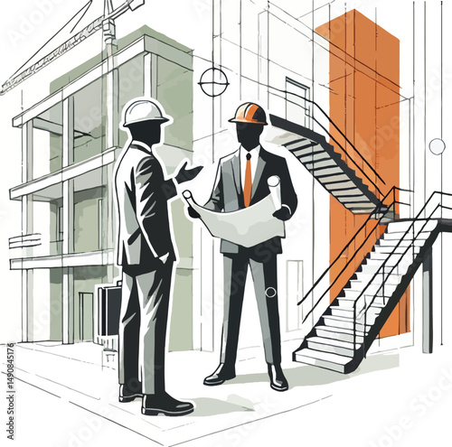 Architects discussing building blueprints at a construction site with architectural drawings