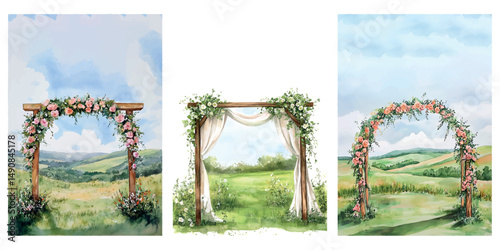 Wedding arches decorated with flowers on natural watercolor background. Wedding arches in rustic style on open natural terrain. Elements for wedding designs, invitations, etc.