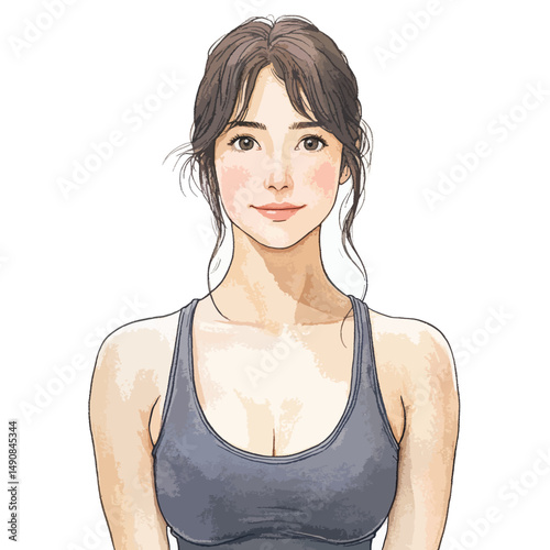 Cartoon portrait of a young woman with brown hair and a gray top