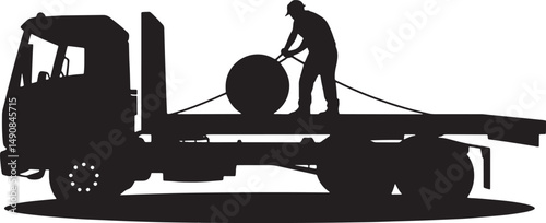 Silhouette of a Flatbed Truck with Worker Securing a Round Load on a Sunny Day