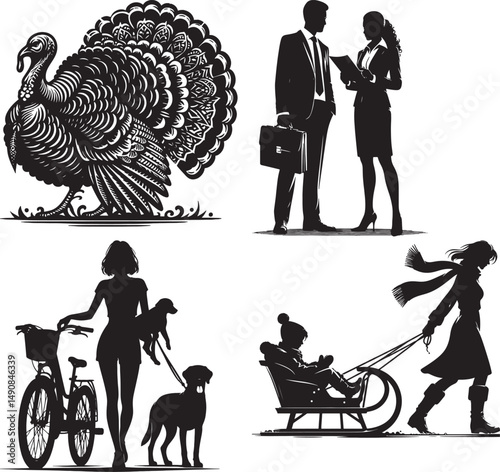 A collage of black and white vector images depicting a turkey, business people, and more
