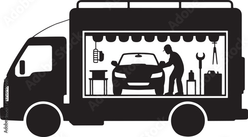 Mobile Auto Repair Truck Silhouette with Mechanic Working on a Car Inside
