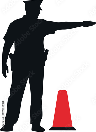 Traffic Police Officer Silhouette Directing Traffic with Cone on White Background
