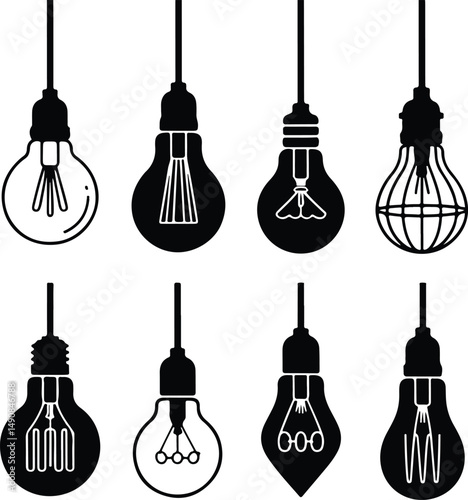 Bulb Icon Silhouette Set – Idea, Light, Innovation Vector Pack Black Light Bulbs Silhouette Icons – Energy, Lamp, Creativity Design