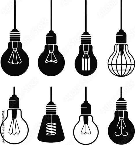 Bulb Icon Silhouette Set – Idea, Light, Innovation Vector Pack Black Light Bulbs Silhouette Icons – Energy, Lamp, Creativity Design