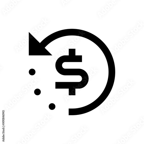 Black dollar sign with a circular arrow and three dots indicating a financial transaction or refund process