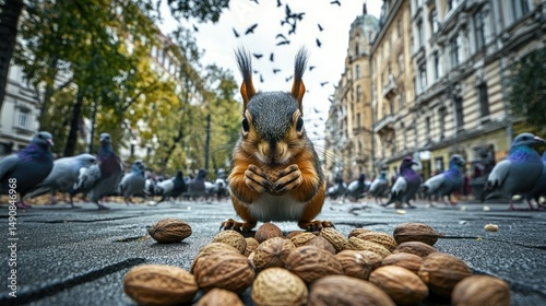 Urban squirrel amidst a crowd of pigeons and nuts.