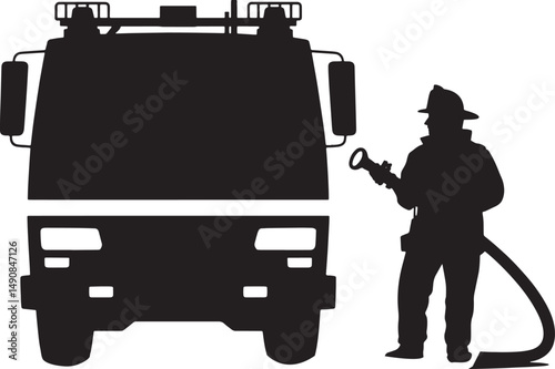 Powerful Silhouette of a Firefighter with a Hose Ready to Combat Flames Near Truck