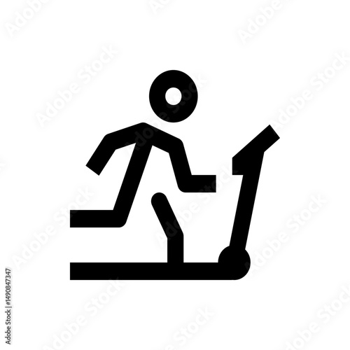Stick figure running on a treadmill in a simple black and white design for fitness and exercise themes design