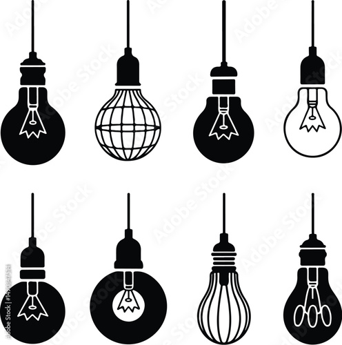 Bulb Icon Silhouette Set – Idea, Light, Innovation Vector Pack Black Light Bulbs Silhouette Icons – Energy, Lamp, Creativity Design