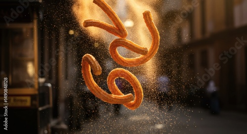 Golden Churros Floating with Cinnamon Dust Against Blurred City Backdrop