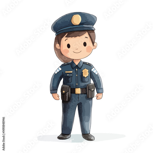 Cheerful Cartoon Girl Police Officer in Uniform