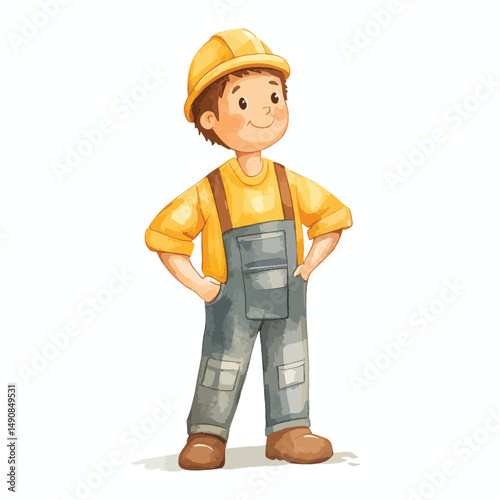 Cheerful Child Construction Worker in Yellow Hard Hat and Grey Coveralls