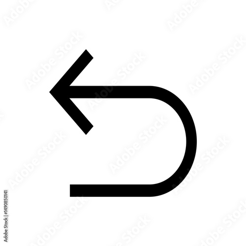 Black arrow pointing left with a curved tail forming a u shape on a white background in a simple design