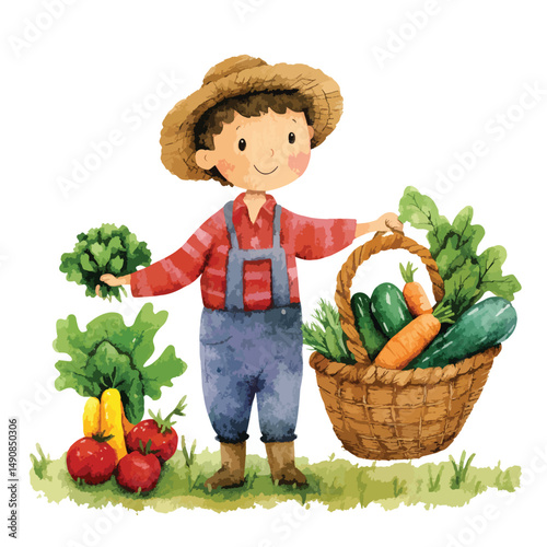 Cheerful Farmer with Harvested Vegetables in Basket and Handful of Greens