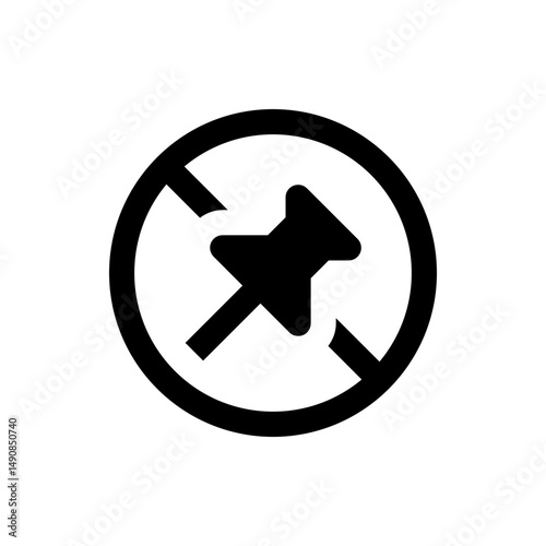 Black no pushpin symbol inside a circle with a line through it indicating restriction and prohibition sign 100