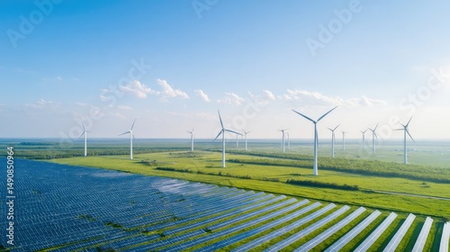 drone-shot aerial view capturing vast renewable energy farm with solar panels and wind turbines showcasing clear pristine