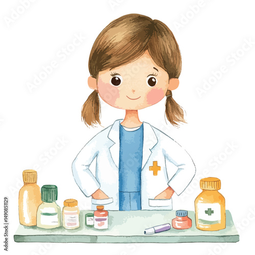 Cheerful Girl Doctor with Medicine Bottles and Syringe
