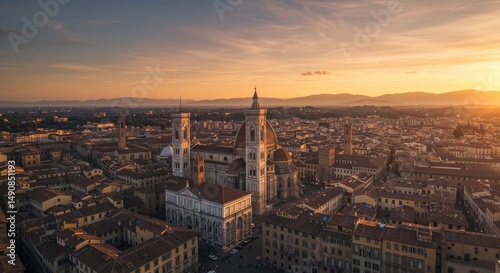 Florence Sunset Panorama: Iconic Italian Architecture - Golden hour sunset over Florence, Italy. Iconic architecture, breathtaking views, romantic atmosphere, historical city, cultural heritage