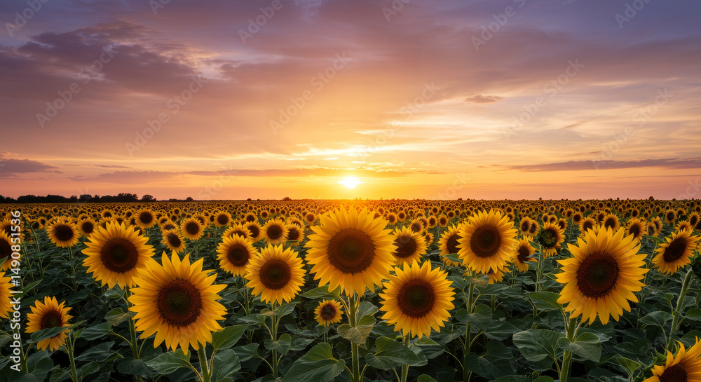 Fototapeta premium Friday Sunset Sunflowers Field - Serene sunset over a vast sunflower field. Symbolizing joy, warmth, summer, nature's beauty, and the end of a week